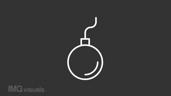 Animated bomb white line icon. Explosive weapon. Dangerous explosion. Loop HD video with chroma key, alpha channel on transparent background, black solid background. Outline motion graphic animation
