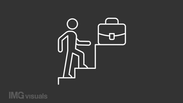 Animated promotion white line icon. Career growth. Rise employee. Loop HD video with chroma key, alpha channel on transparent background, black solid background. Outline motion graphic animation