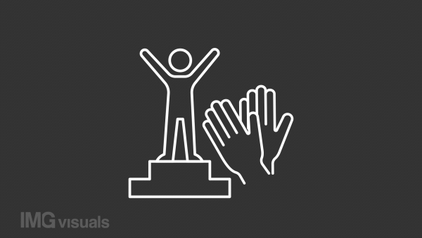 Animated recognition white line icon. Approval motivation. Winner. Loop HD video with chroma key, alpha channel on transparent background, black solid background. Outline motion graphic animation