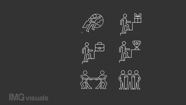 Animated growth white line icons. Self improvement. Motivation. Loop HD video with alpha channel on transparent background, black solid background. Outline motion graphic animation