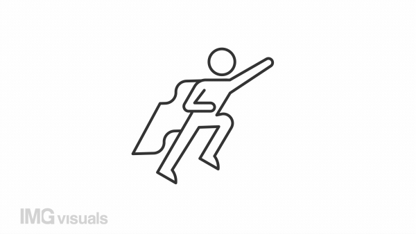 Animated superhero linear icon. Brave and powerful hero. Fantastic character. Flying man. Seamless loop HD video with alpha channel on transparent background. Outline motion graphic animation