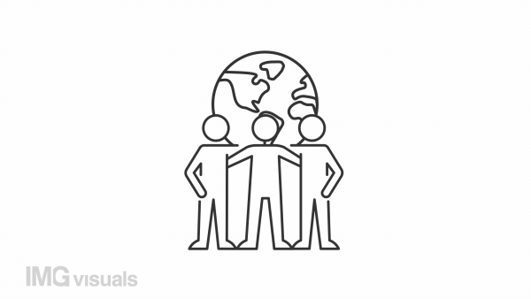 Animated world team linear icon. International alliance. Strong relationship. Worldwide community. Seamless loop HD video with alpha channel on transparent background. Outline motion graphic animation