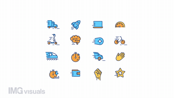 Animated moving color icons set. Sport and active lifestyle. Means of transportation. Seamless loop HD video with alpha channel on transparent background. Simple filled line motion graphic animation