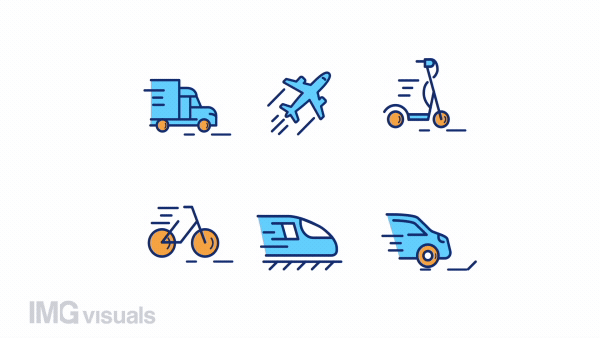 Animated transport color icons set. Commuting. Public and personal transportation. Seamless loop HD video with alpha channel on transparent background. Simple filled line motion graphic animation
