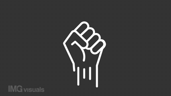 Animated fist white line icon. Symbol of protest and resistance. Political solidarity. Seamless loop HD video with alpha channel on transparent background. Motion graphic design for night mode