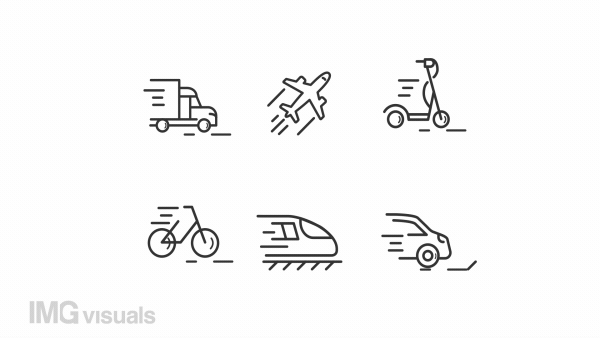 Animated transport linear icons set. Commuting. Public and personal transportation. Vehicles. Seamless loop HD video with alpha channel on transparent background. Outline motion graphic animation