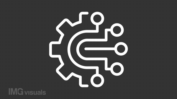 Ai technology white icon animation. Animated line half cogwheel with digital data streaming. Loop HD video with chroma key, alpha channel, transparent background. Outline motion graphic animation