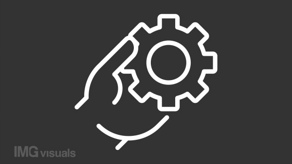 Optimization white icon animation. Animated line hand holding spinning gear. Team collaboration. Loop HD video with chroma key, alpha channel, transparent background. Outline motion graphic