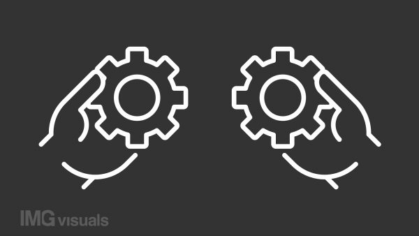 Invention white icon animation. Animated line hands connecting two spinning gears. Innovative solution. Loop HD video with chroma key, alpha channel, transparent background. Outline motion graphic
