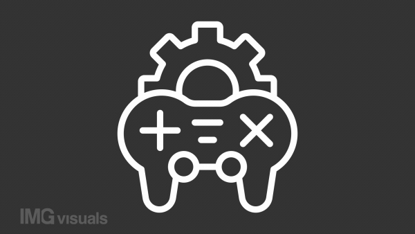 Game mechanics white icon animation. Animated line joystick with spinning gear. Game controller. Loop HD video with chroma key, alpha channel, transparent background. Outline motion graphic
