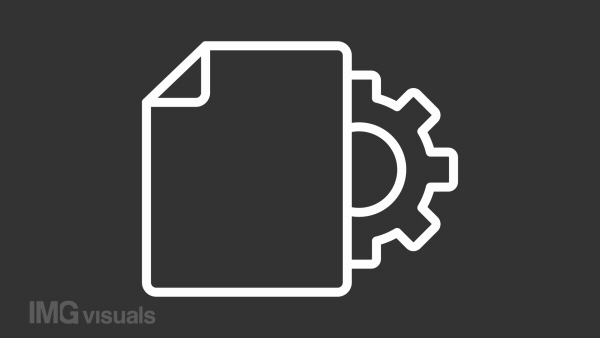Animated document setting white icon. Document file with spinning gear line animation. Setting cogwheel. Loop HD video with chroma key, alpha channel, transparent background. Outline motion graphic
