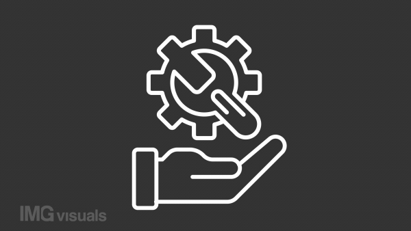 Tech support white icon animation. Animated line wrench turning cogwheel over hand. Spinning gear. Loop HD video with chroma key, alpha channel, transparent background. Outline motion graphic