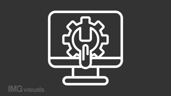 Animated computer setting white icon. Line monitor with spanner turning gear animation. Hardware repair. Loop HD video with chroma key, alpha channel, transparent background. Outline motion graphic
