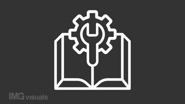 Animated manual white line icon. Wrench turning cogwheel over opened book animation. Turning pages. Loop HD video with chroma key, alpha channel, transparent background. Outline motion graphic