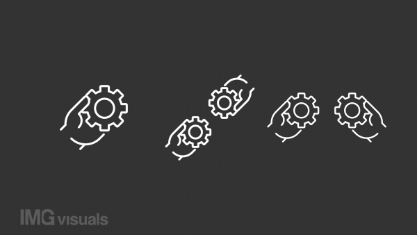 Teamwork white icon animation. Animated line hands joining gears. Team collaboration. Software development. Loop HD video with chroma key, alpha channel, transparent background. Outline motion graphic