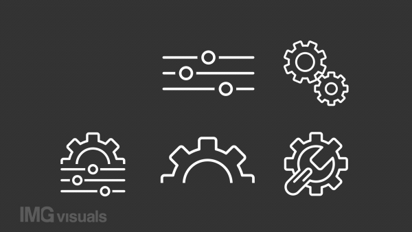 Animated settings white line icons. Spinning gear animation. Interface elements. User preferences. Loop HD video with chroma key, alpha channel, transparent background. Outline motion graphic