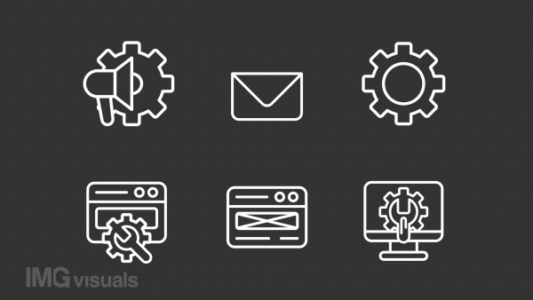 Animated ad setting white line icons. Search engine optimization animation. Spinning gear. Web service. Loop HD video with chroma key, alpha channel, transparent background. Outline motion graphic
