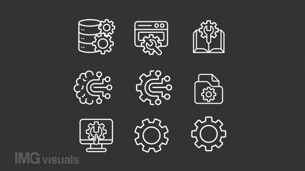 Animated configuration white icons. Software engineering line animation. Setting cogwheel. IT company. Loop HD video with chroma key, alpha channel, transparent background. Outline motion graphic