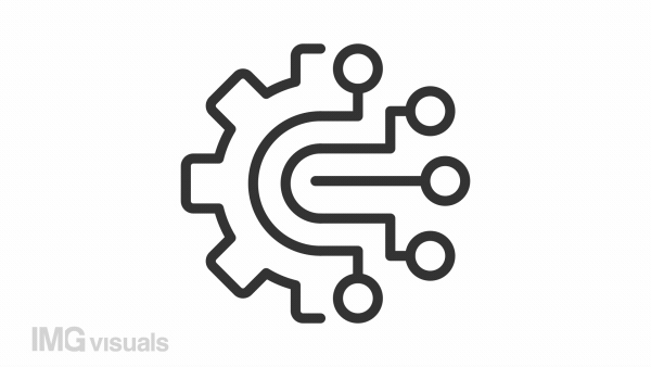 Ai technology icon animation. Animated line half cogwheel with digital data streaming. Artificial intelligence. Loop HD video with alpha channel, transparent background. Outline motion graphic