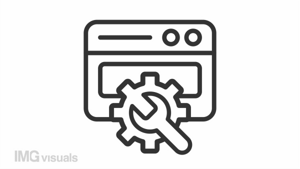 Website configuration icon animation. Animated line browser window with wrench turning cogwheel. Web development. Loop HD video with alpha channel, transparent background. Outline motion graphic