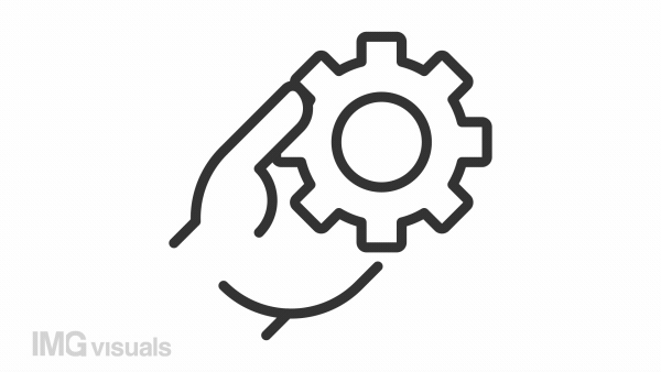 Work optimization icon animation. Animated line hand holding spinning gear. Team collaboration. Business automation. Loop HD video with alpha channel, transparent background. Outline motion graphic