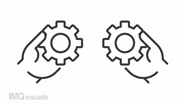 Invention icon animation. Animated line hands connecting two spinning gears. Innovative solution. Idea development. Loop HD video with alpha channel, transparent background. Outline motion graphic