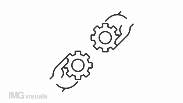 Team collaboration icon animation. Animated line hands connecting two cogwheels. Spinning gear. Working together. Loop HD video with alpha channel, transparent background. Outline motion graphic
