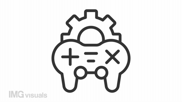 Game development icon animation. Animated line joystick with spinning gear. Game controller. Setting cogwheel. Loop HD video with alpha channel, transparent background. Outline motion graphic