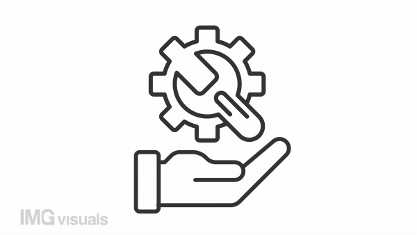 Technical support icon animation. Animated line wrench turning cogwheel over hand. Spinning gear. System administrator. Loop HD video with alpha channel, transparent background. Outline motion graphic