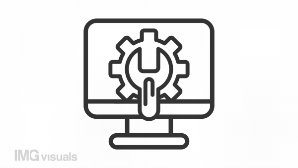 Animated computer settings line icon. Monitor with spanner turning cogwheel animation. Hardware repair. Loop HD video with alpha channel, transparent background. Outline motion graphic