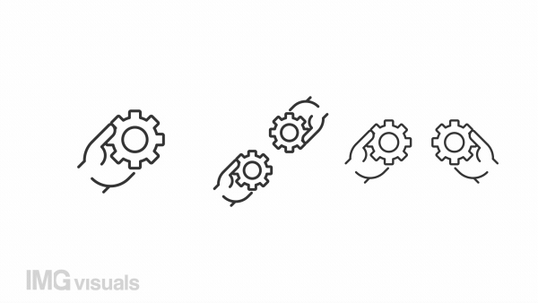 Team relationship icons animation. Animated line hands joining gears. Software development. Working together. Loop HD video with alpha channel, transparent background. Outline motion graphic