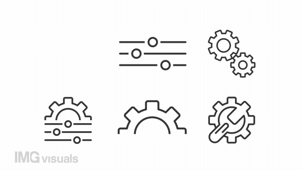 Animated settings line icons. Spinning gear animation. Interface elements. User preferences. Control panel. Loop HD video with alpha channel, transparent background. Outline motion graphic