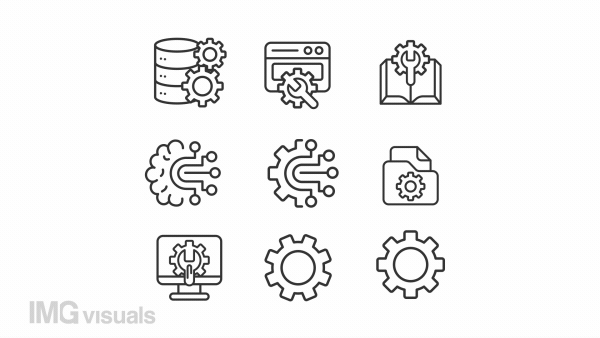Animated configuration tool icons. Software engineering line animation. Setting cogwheel. IT company. System control. Loop HD video with alpha channel, transparent background. Outline motion graphic