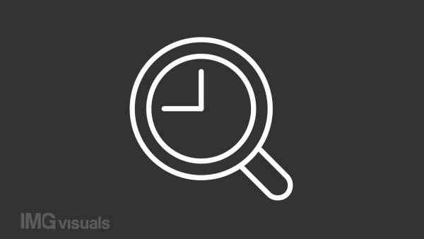 Animated loupe, dial white line icon. Magnifying glass and clock. Loop HD video with chroma key, alpha channel on transparent background, black solid background. Outline motion graphic animation