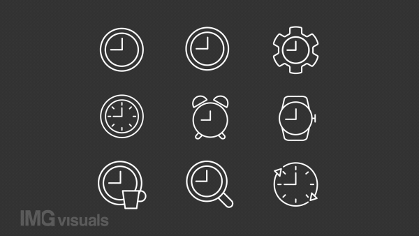 Animated clock face white line icons. Tool for time measurement. Loop HD video with chroma key, alpha channel on transparent background, black solid background. Outline motion graphic animation