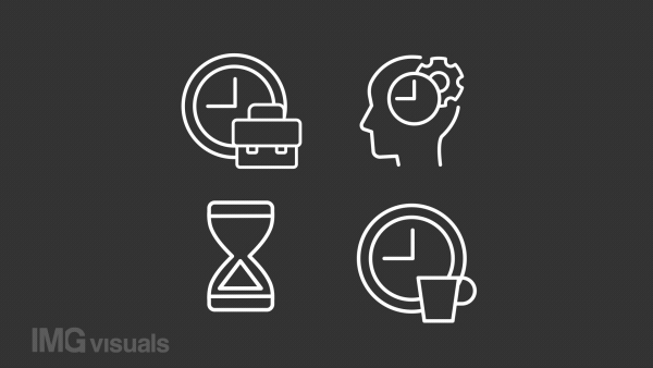 Animated work time white line icons. Working hours. Coffee break. Loop HD video with chroma key, alpha channel on transparent background, black solid background. Outline motion graphic animation