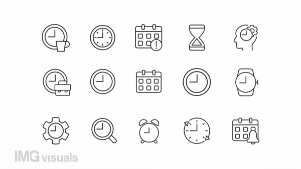 Animated time and clock linear icons. Wait-animations for website. Schedule and timing. Seamless loop HD video with alpha channel on transparent background. Outline motion graphic animation