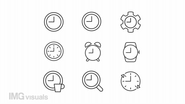 Animated clock face linear icons. Tool for time measurement. Website preloaders. Seamless loop HD video with alpha channel on transparent background. Outline motion graphic animation