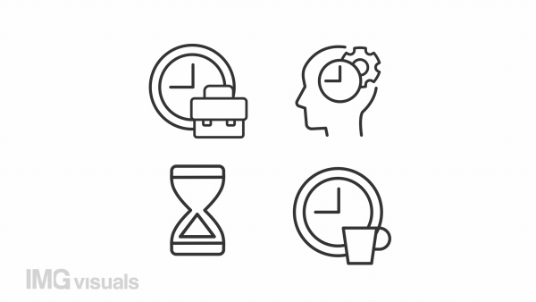 Animated work time linear icons. Working hours. Coffee break. Thinking process. Seamless loop HD video with alpha channel on transparent background. Outline motion graphic animation