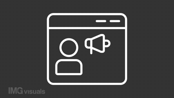 User persona white line animation. Browser window with avatar and loudspeaker animated icon. Target audience. Isolated illustration on dark background. Transition alpha video. Motion graphic