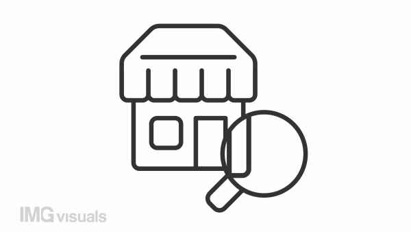 Market research line animation. Magnifying glass examining retail store animated icon. Customer satisfaction. Black illustration on white background. HD video with alpha channel. Motion graphic
