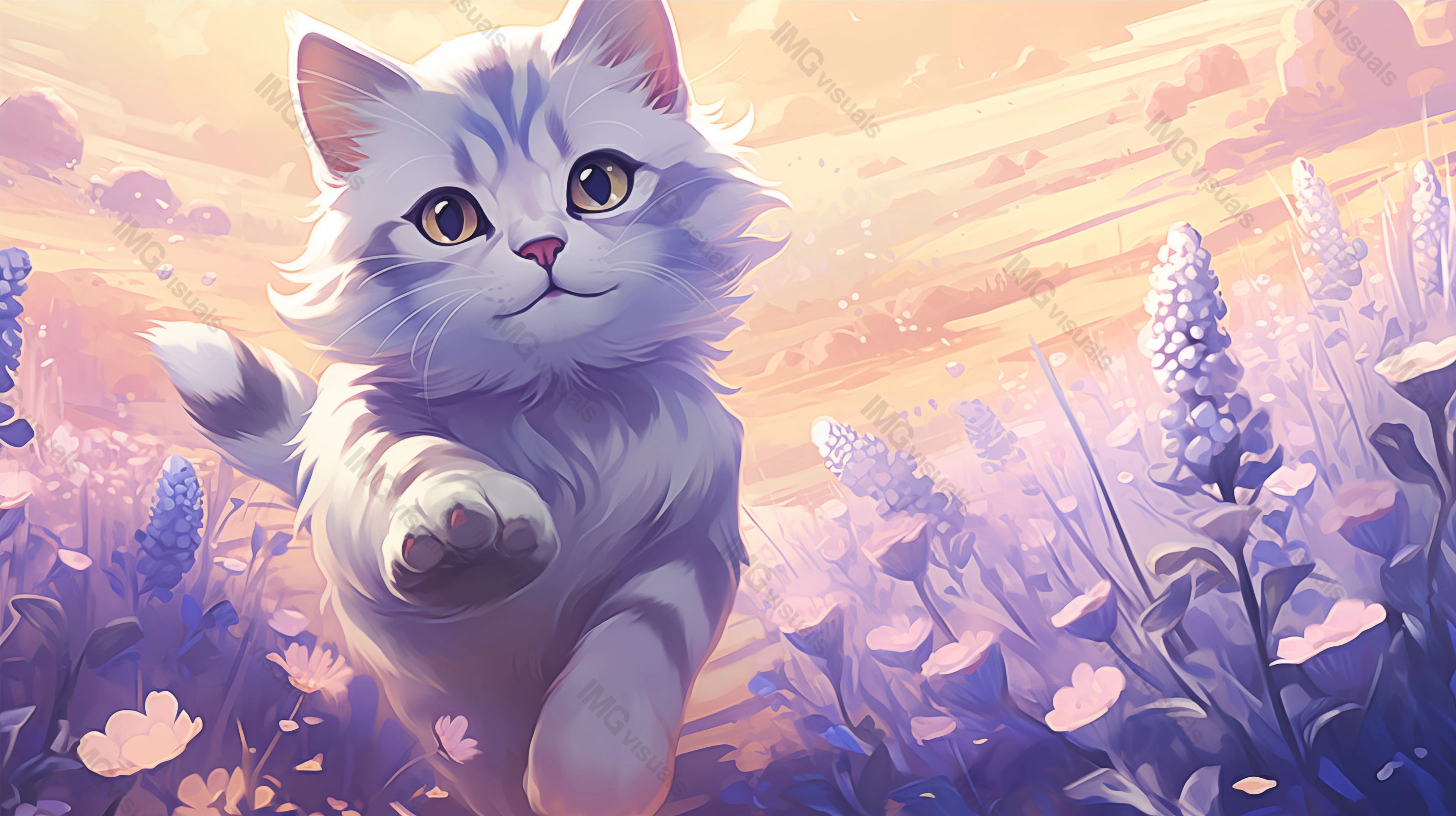 Fluffy cat amongst lavender purple blossoms ai generated 2D cartoon illustration. Evening glow above kitty lofi wallpaper background lo-fi art. Garden peace. Dusk serenity flat image cozy chill vibe