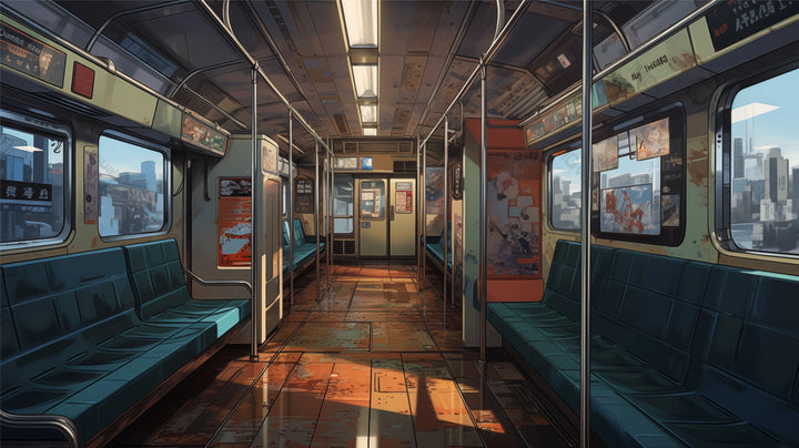 Empty metro car with city views through windows ai generated 2D cartoon illustration. Morning ride. Urban solitude lofi wallpaper background lo-fi art. Peaceful commute flat image cozy chill vibe