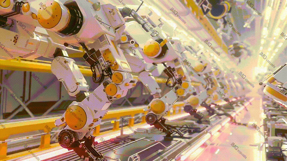 High-tech robot arms working on assembly line video animation, ai generated