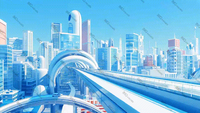 Bright futuristic city depicted in soft blue tones video animation, ai generated