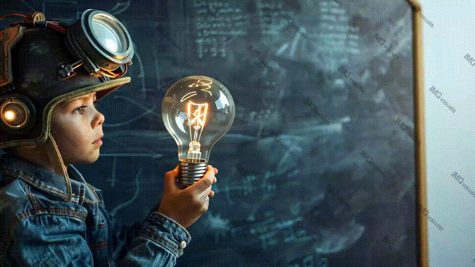 Young boy in steampunk helmet gazing at lightbulb video animation, ai generated