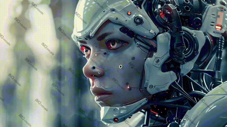 Realistic portrayal of female android face video animation, ai generated