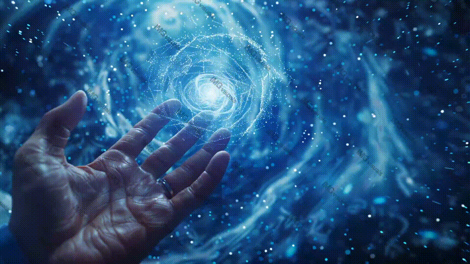 Hand conjures swirling galaxy of light video animation, ai generated