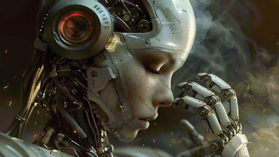 Eerie female robot with glowing red eyes video animation, ai generated