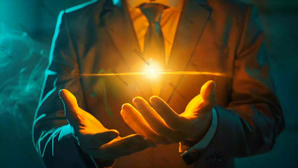 Formal wear man presents bright beam of light between hands video animation, ai generated